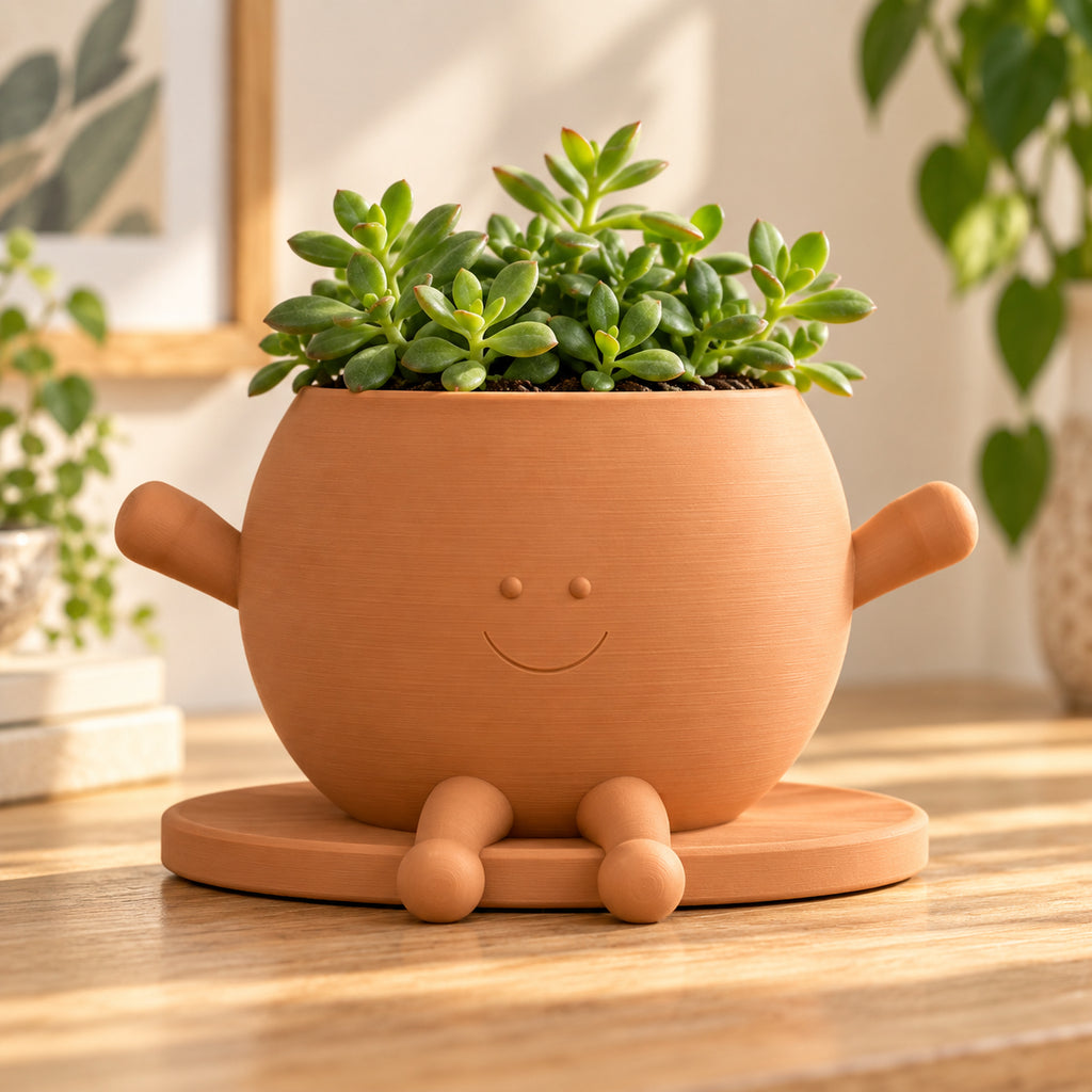 Maceta personaje redonda color terracota con suculenta sobre una base en un ambiente cálido