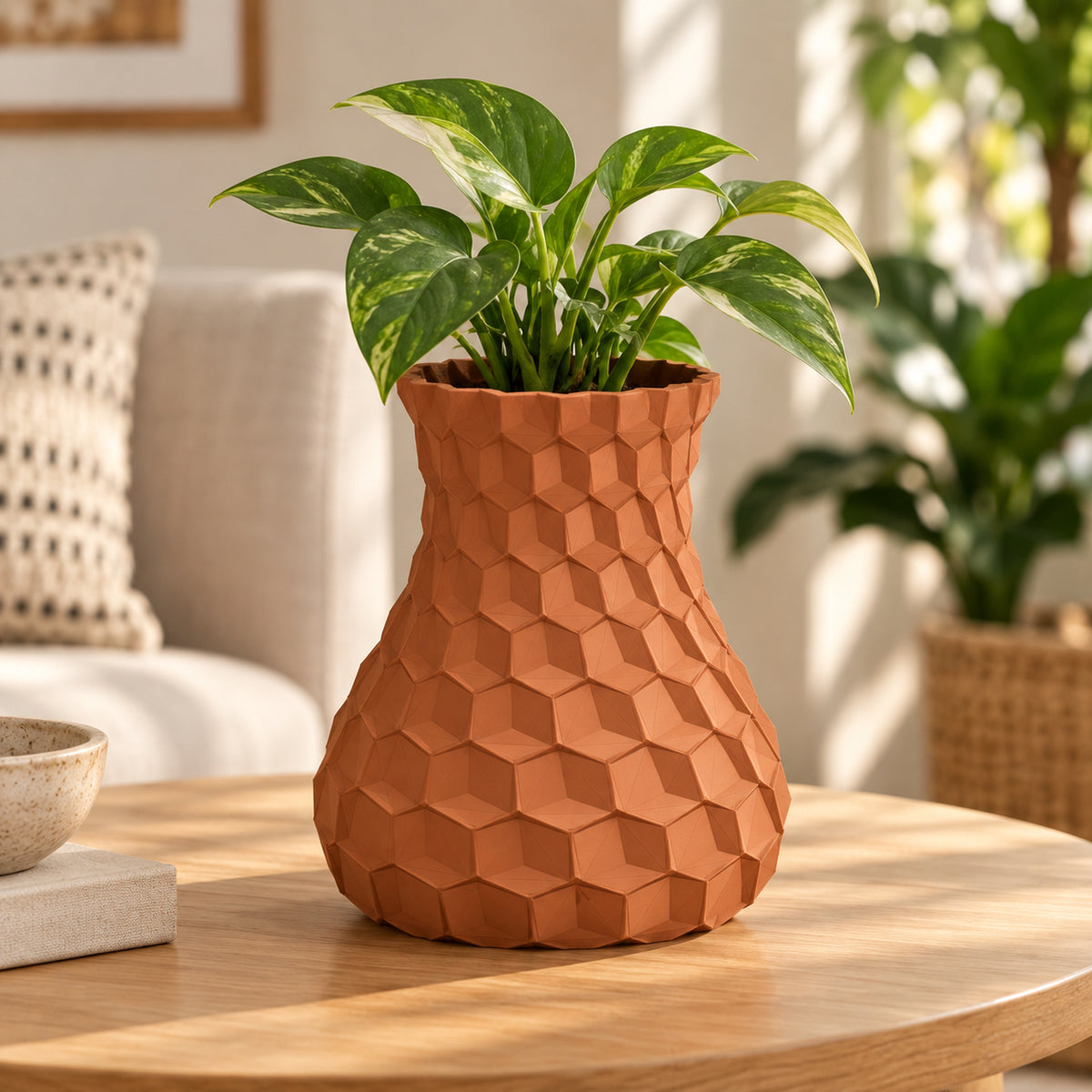 Maceta geométrica 3D color terracota con planta en una mesa de hogar