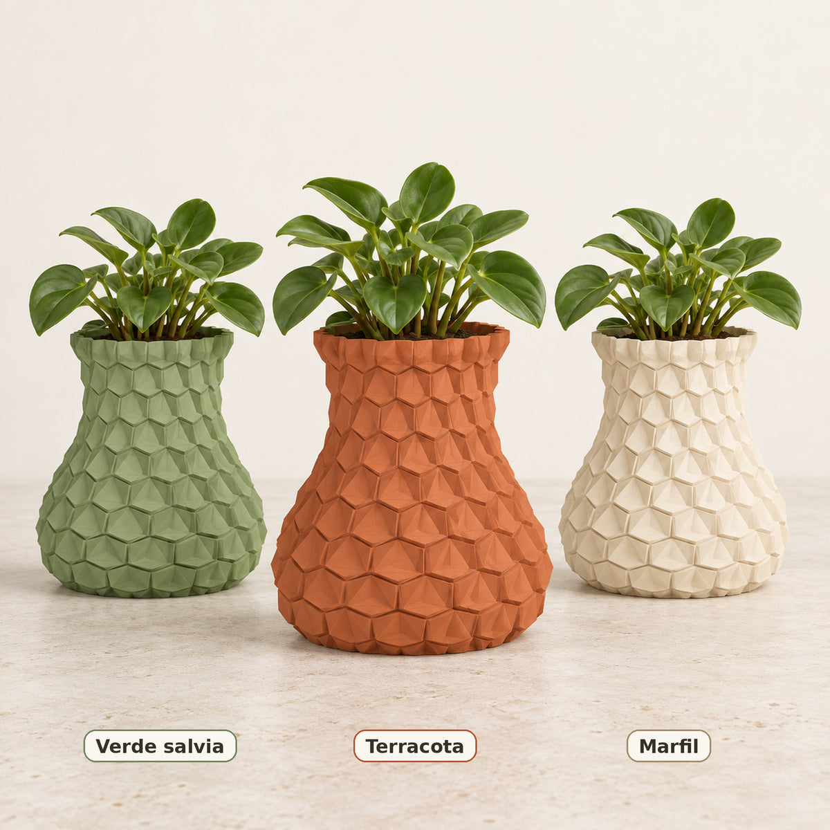 Maceta geométrica 3D en colores verde salvia, terracota y marfil
