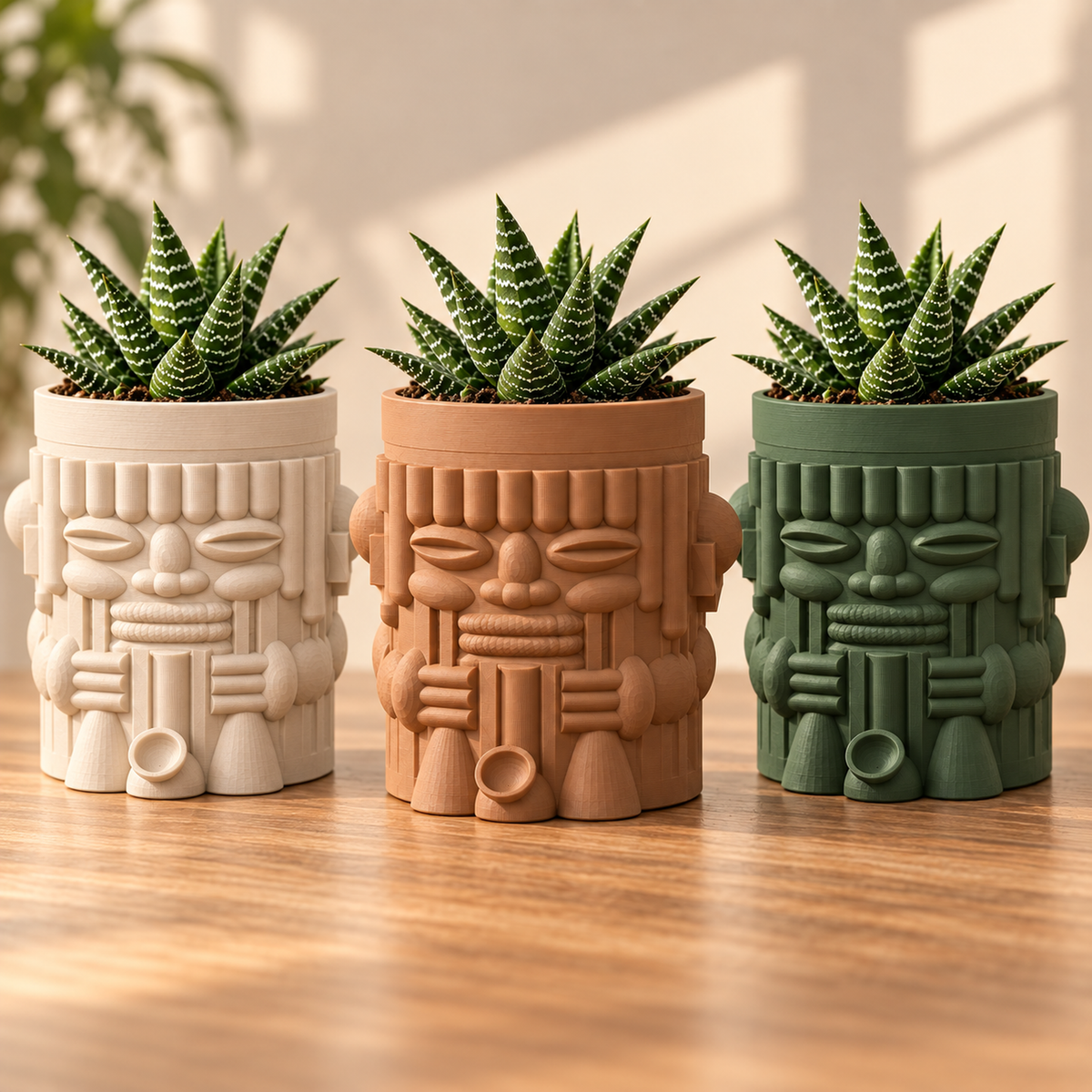 Matera rostro artesanal 3D en marfil cálido, terracota y verde bosque con plantas pequeñas