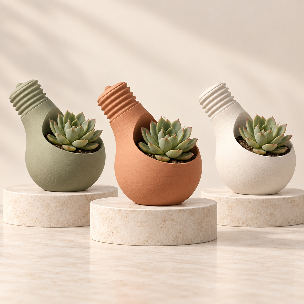 Matera Foco 3D en verde salvia, terracota y marfil con plantas pequeñas