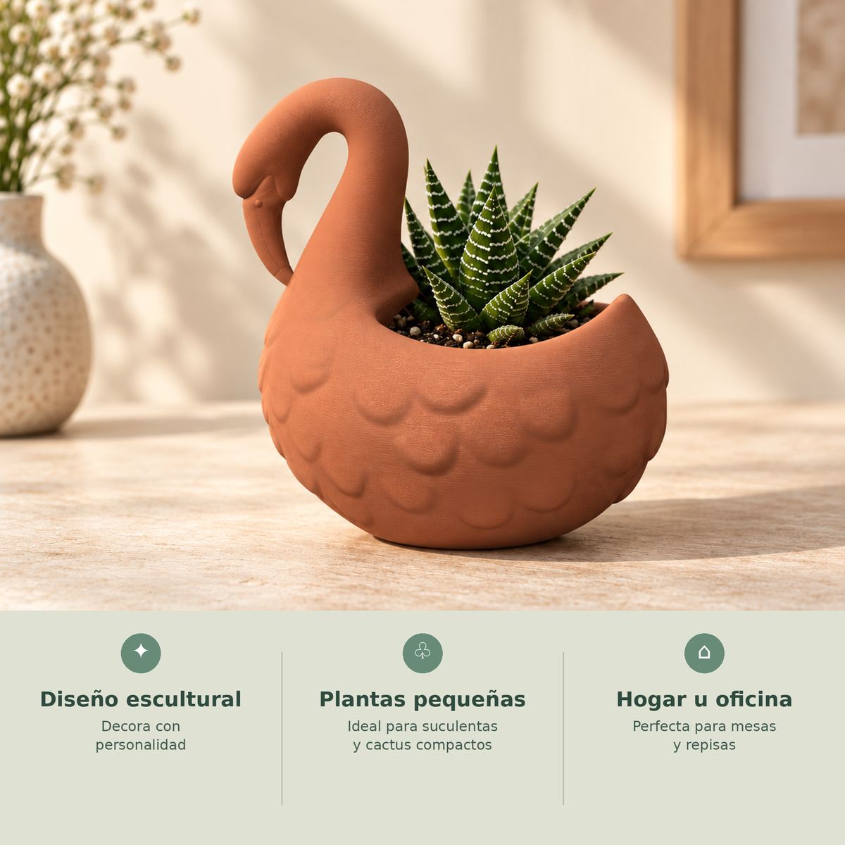 Matera Flamenco 3D con beneficios para plantas pequeñas y decoración de hogar u oficina.