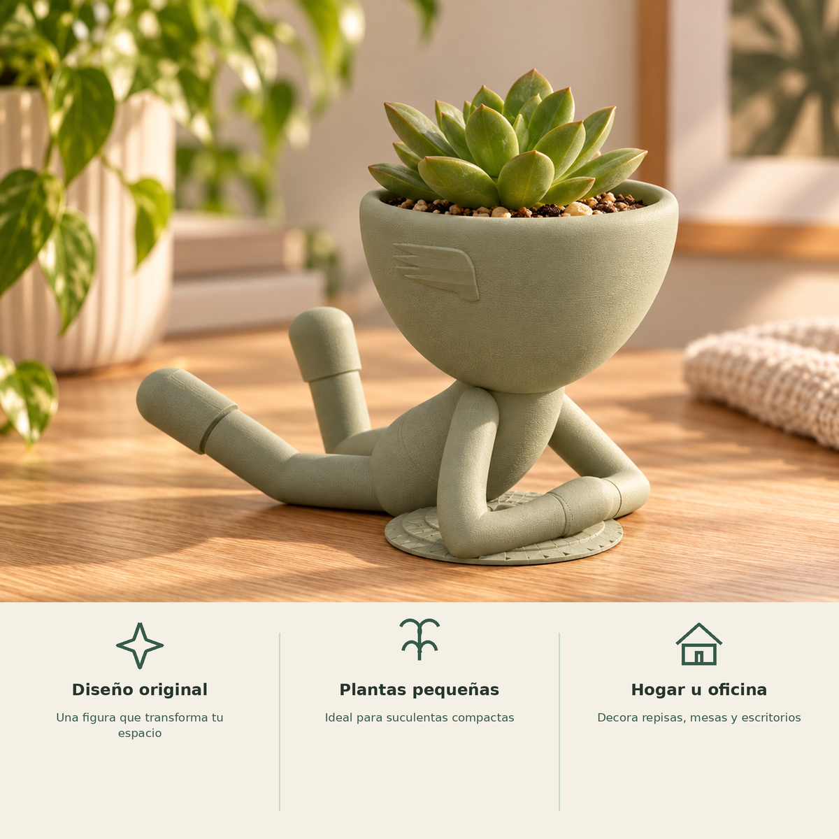 Matera hombrecito acostado verde salvia con beneficios para plantas pequeñas y decoración interior