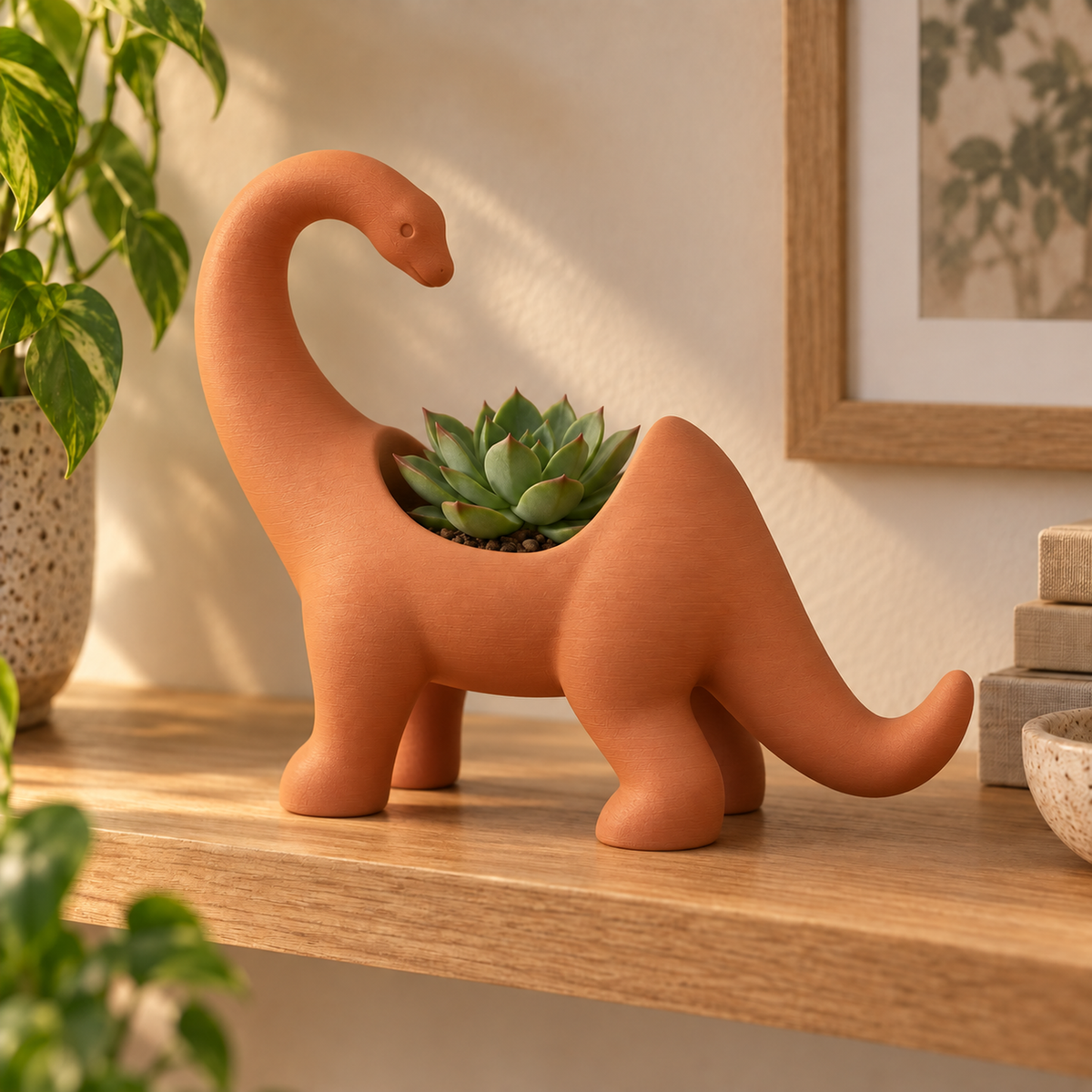 Maceta dinosaurio que mira hacia atrás, terracota con suculenta decorativa sobre repisa