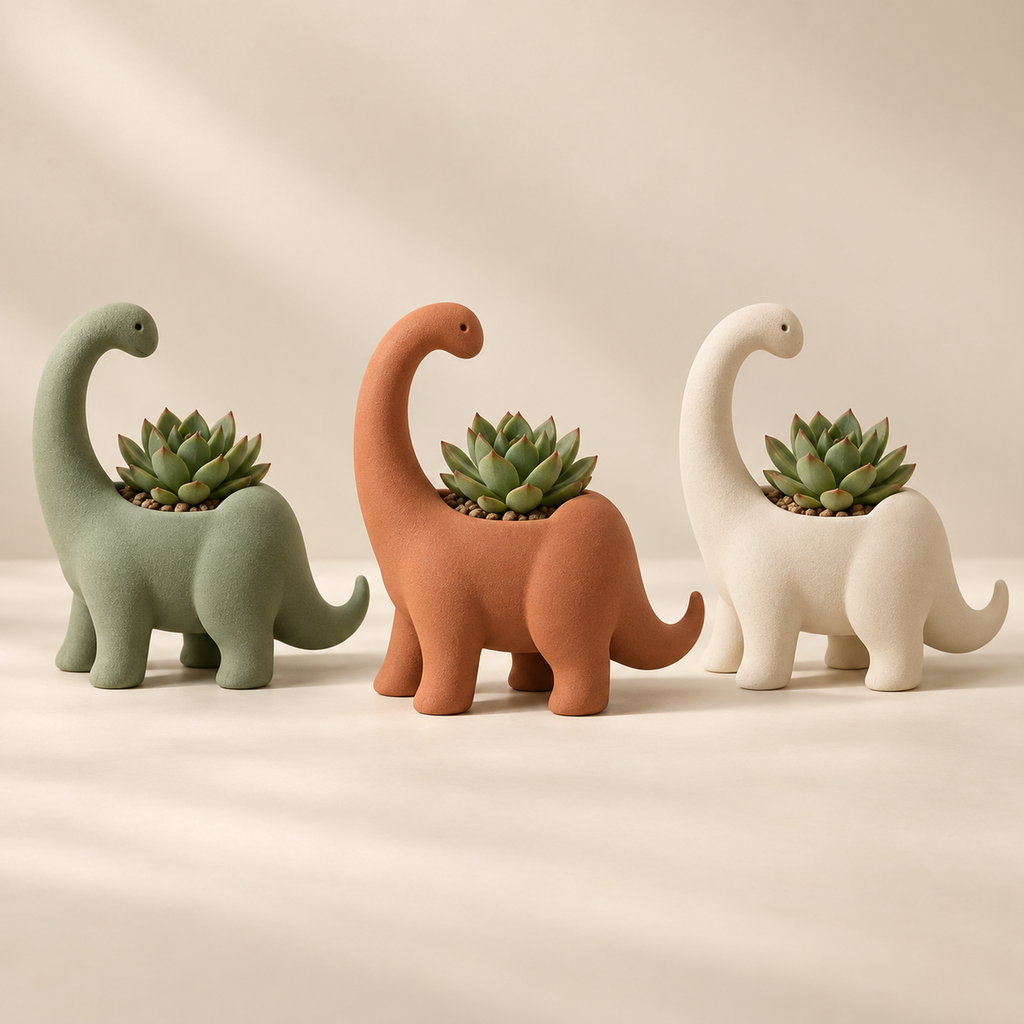 Maceta dinosaurio en verde salvia, terracota y marfil con una planta compacta en el lomo