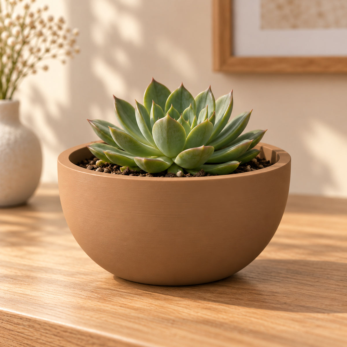 Base para maceta bowl color terracota con suculenta en ambiente cálido