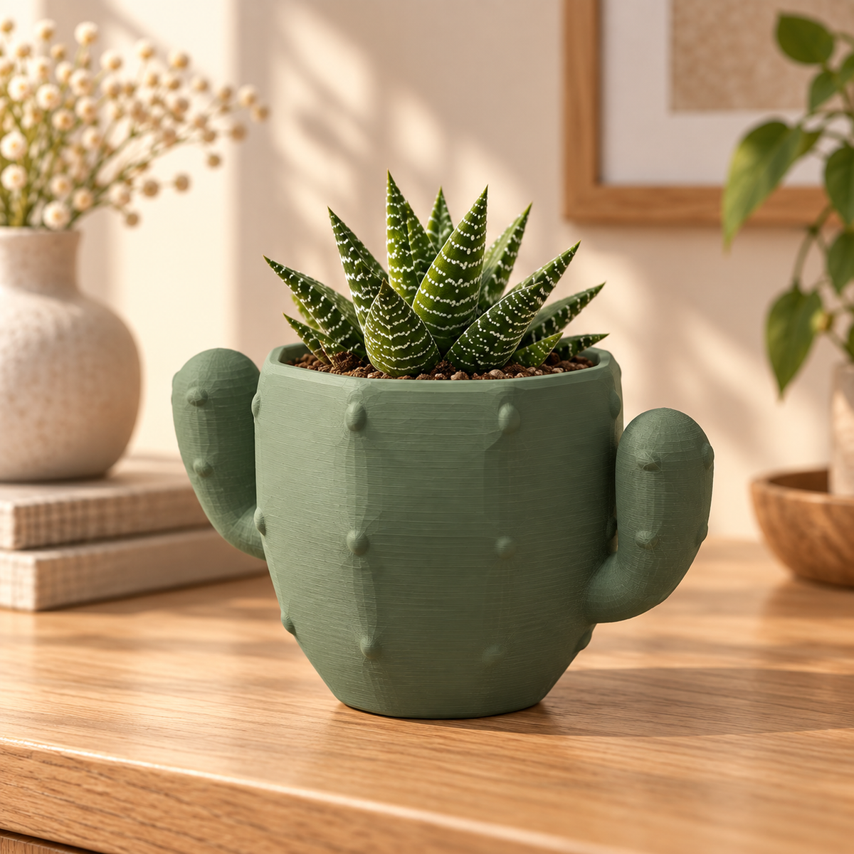 Maceta de cactus verde salvia con suculenta decorativa sobre escritorio de madera