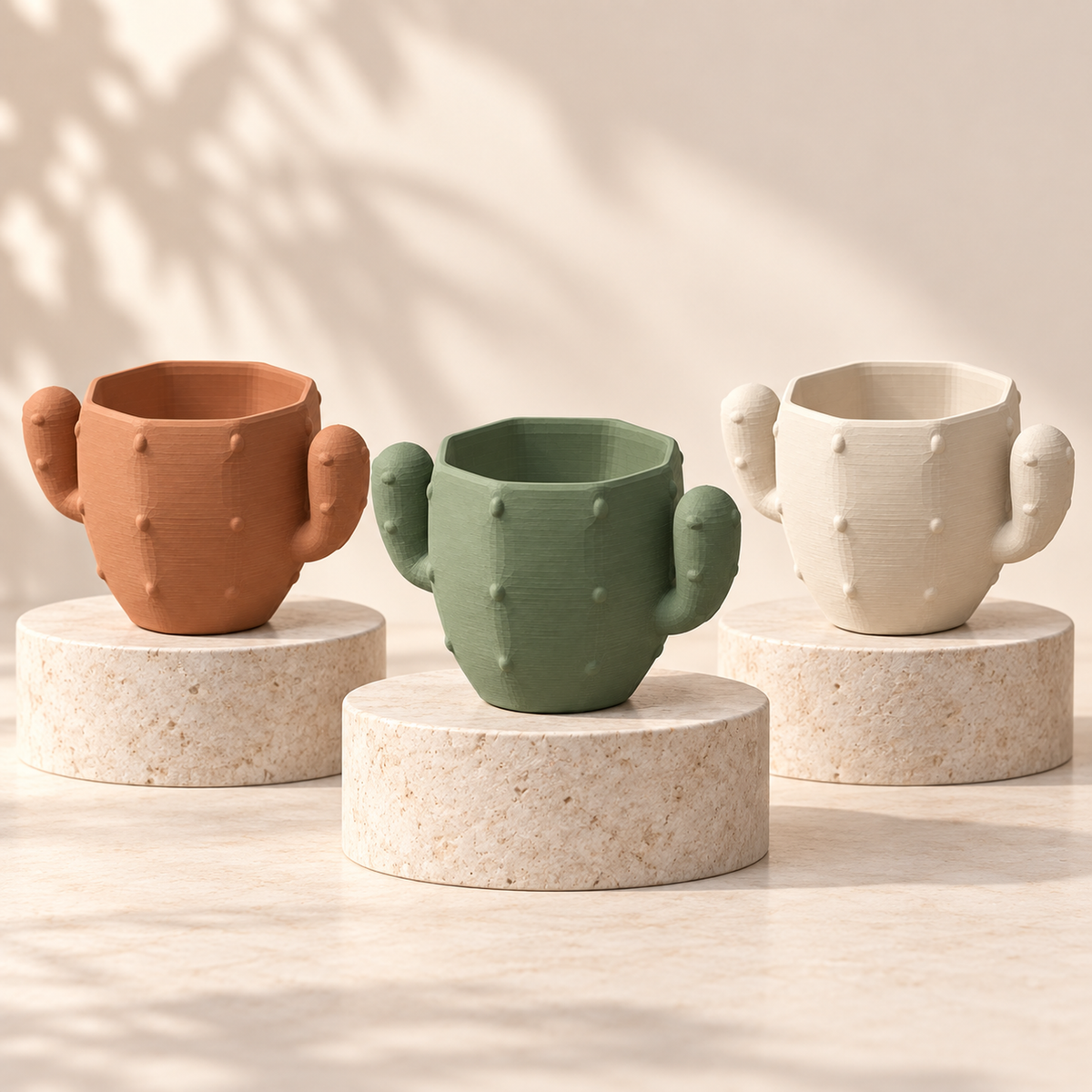 Maceta de cactus con brazos laterales en terracota, verde salvia y marfil
