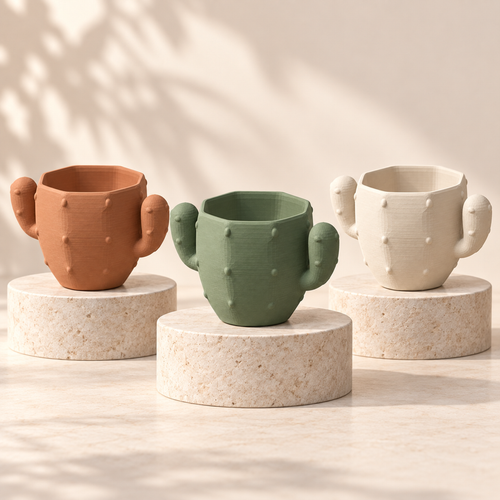 Maceta de cactus con brazos laterales en terracota, verde salvia y marfil