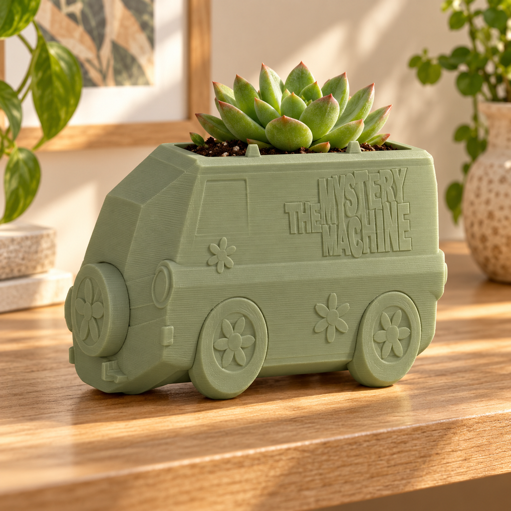 Maceta camioneta retro verde salvia con suculenta en el techo en repisa cálida