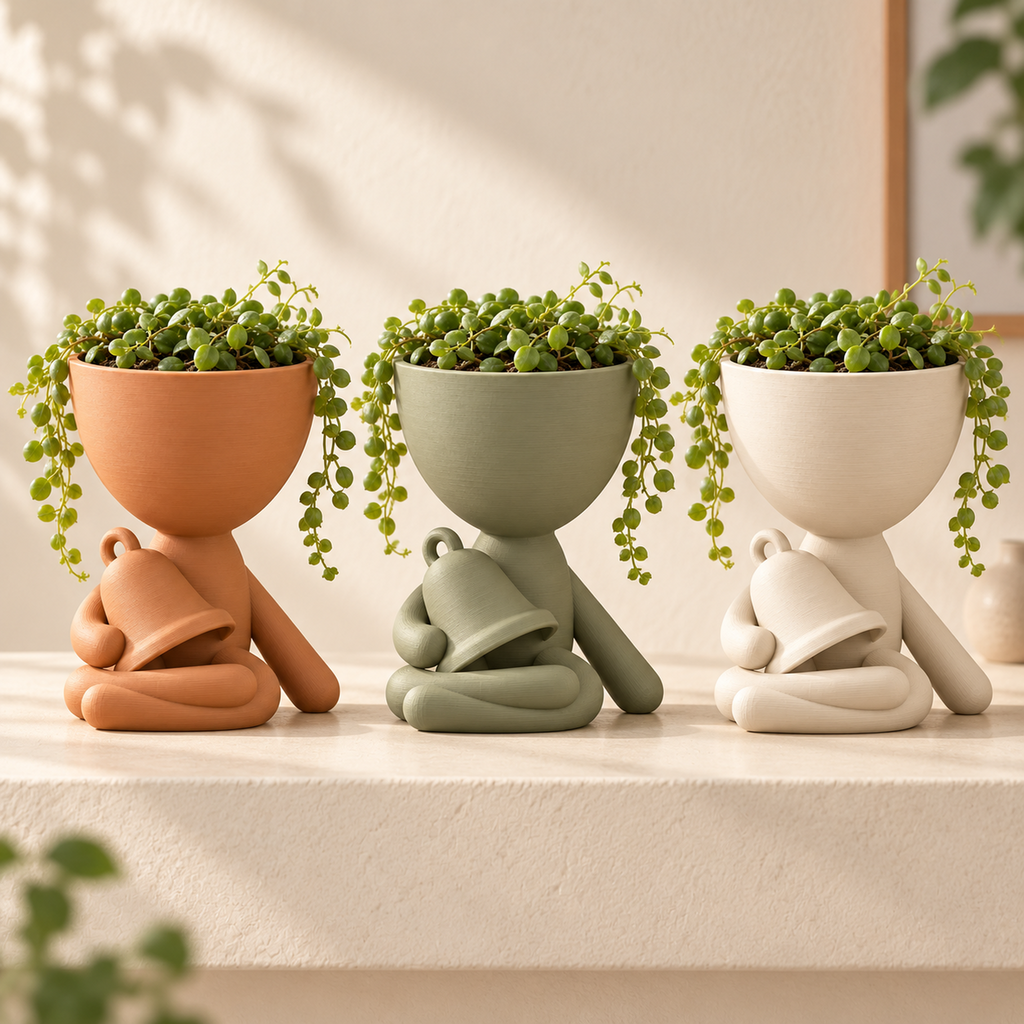 Matera hombrecito con campana en colores terracota, verde salvia y marfil
