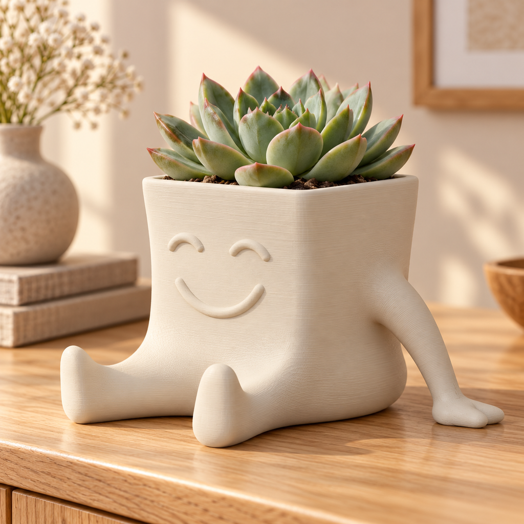 Maceta Cubo Feliz marfil con suculenta en ambiente hogareño