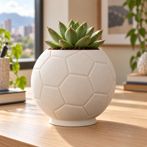 Maceta balón de fútbol 3D en escritorio moderno