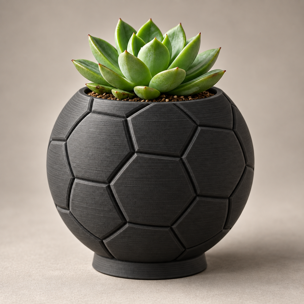 Maceta balón de fútbol 3D negra con suculenta