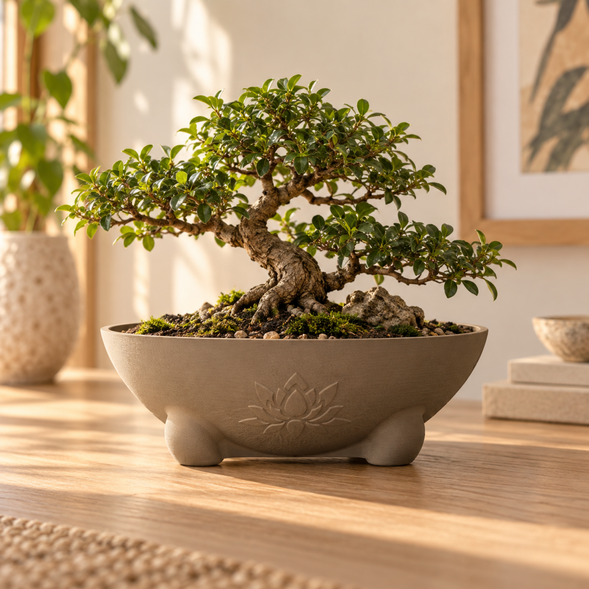Maceta bowl para bonsái en tono piedra con relieve de loto sobre mesa de madera