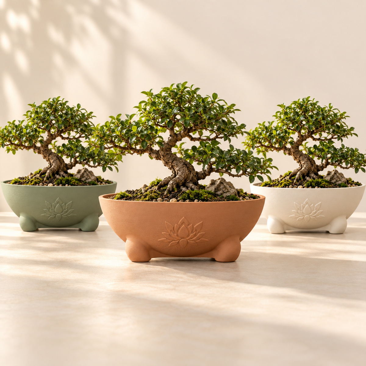 Maceta bowl con relieve de loto en verde salvia, terracota y marfil