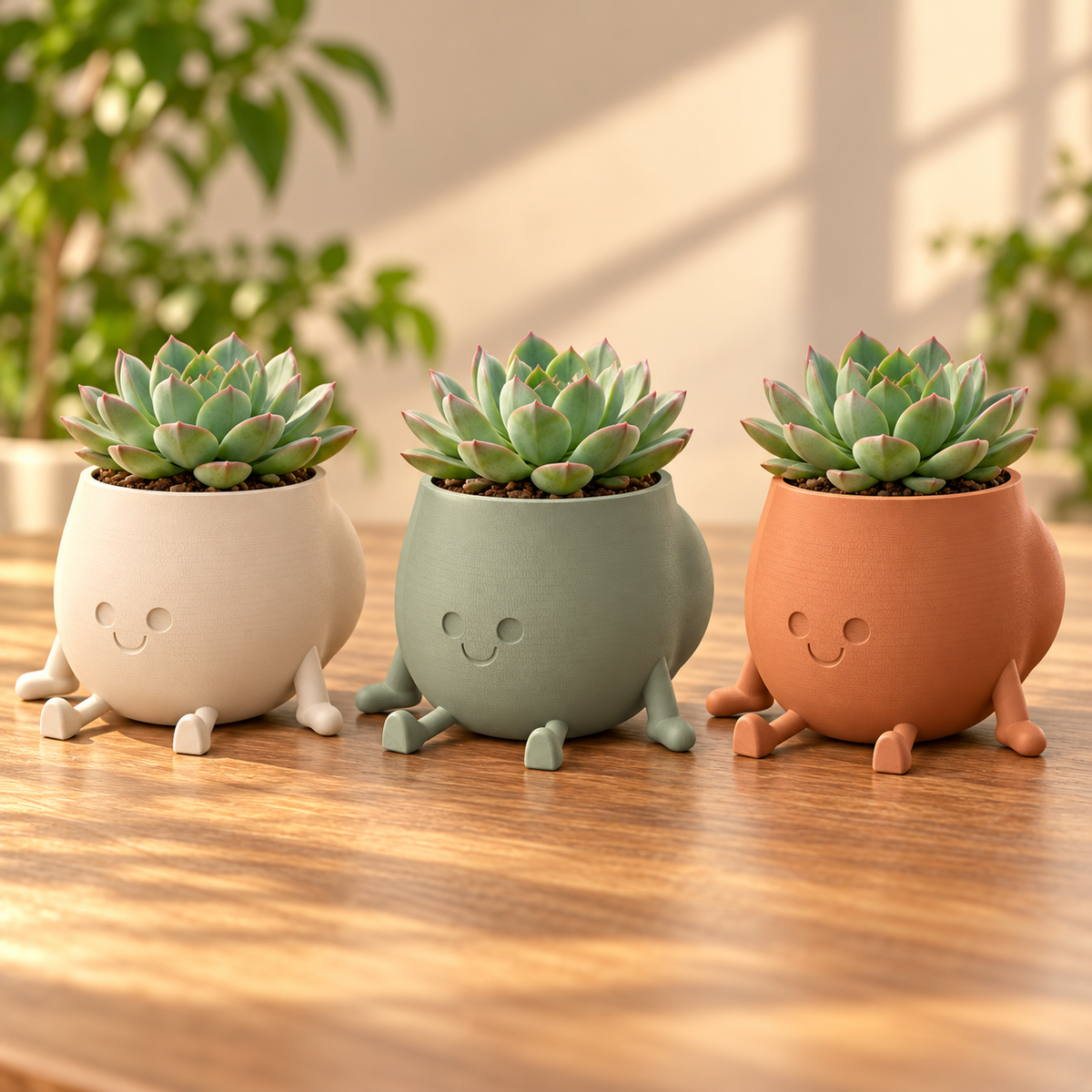 Maceta redonda con carita en marfil, verde salvia y terracota