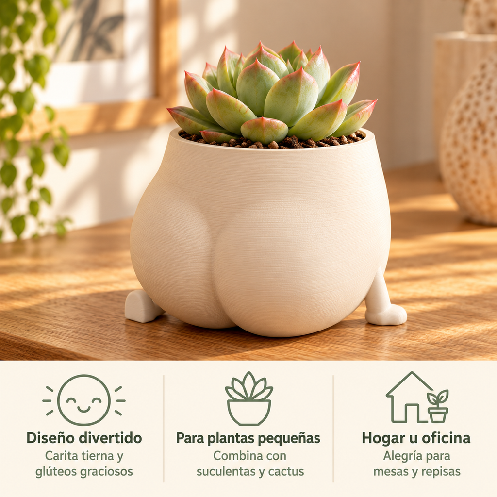 Vista posterior de la maceta con glúteos redondeados y tres ideas de uso