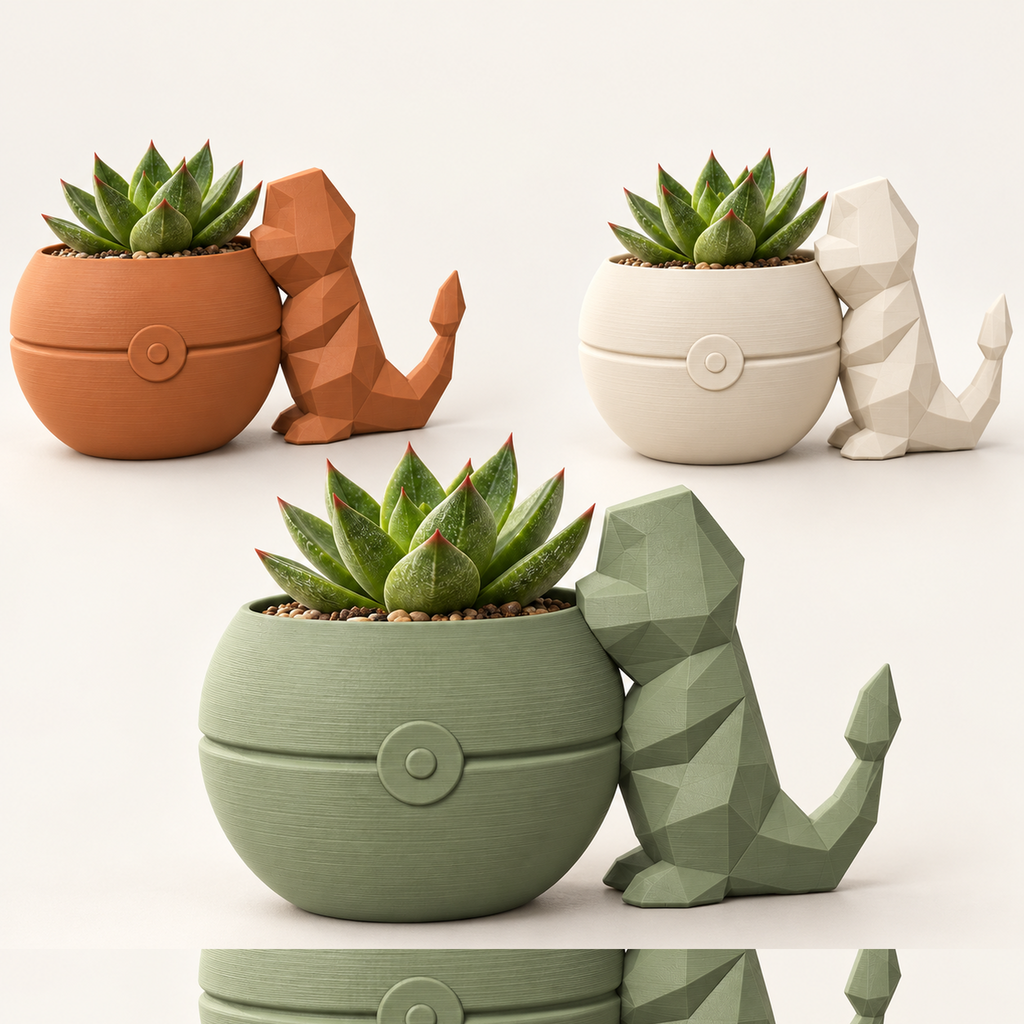 Maceta esférica con animalito en verde salvia, terracota y marfil