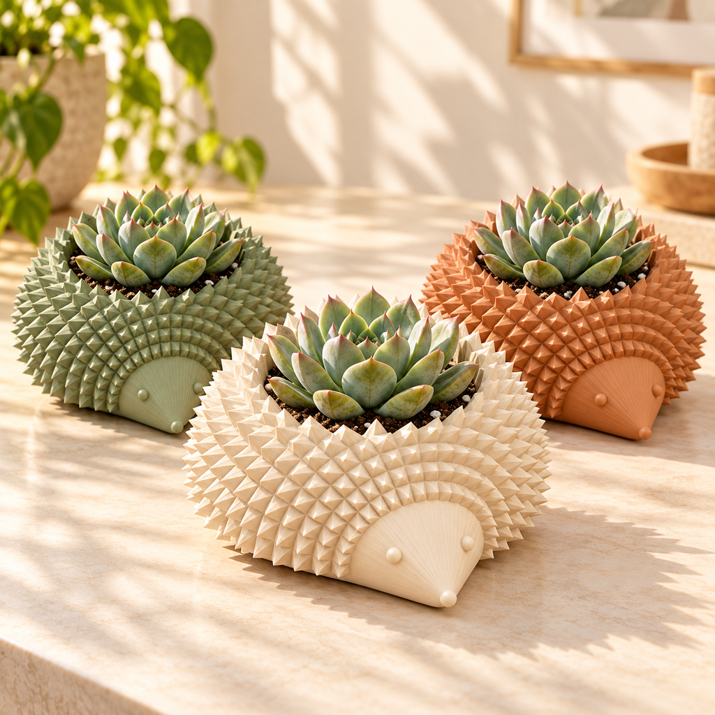 Macetas erizo en marfil, verde salvia y terracota con suculentas