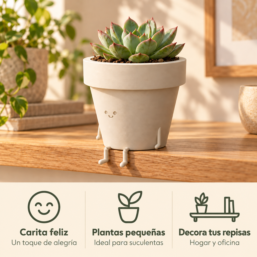 Maceta feliz con beneficios para plantas pequeñas y repisas