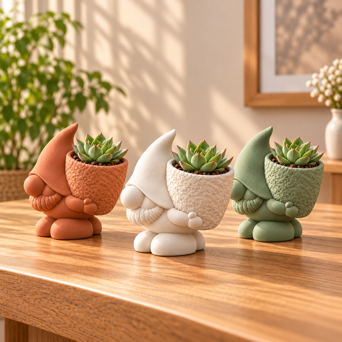 Macetas de gnomo con cesta en terracota, marfil y verde salvia