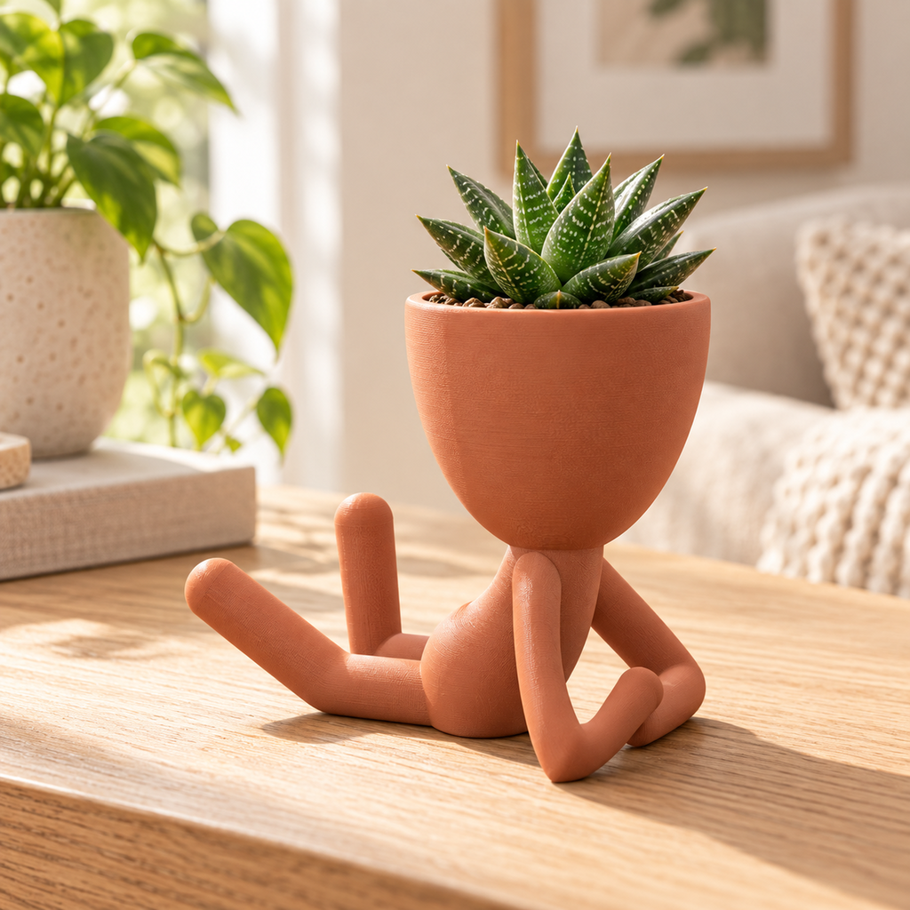 Maceta con forma de hombre acostado en color terracota decorando una mesa de madera