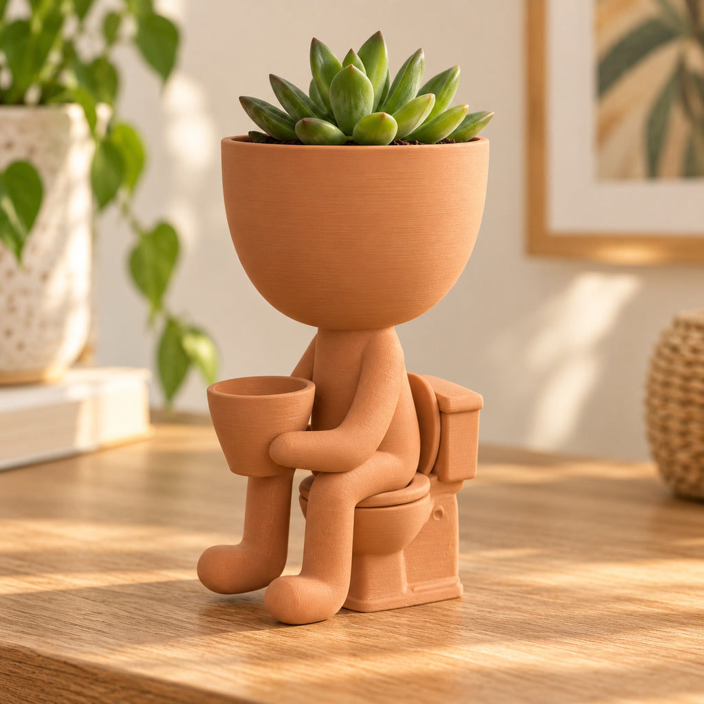 Maceta decorativa de hombrecito sentado en el baño con suculenta, color terracota