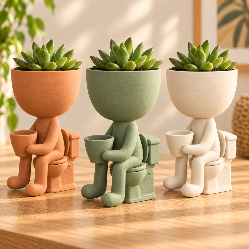 Maceta hombrecito en el baño en colores terracota, verde salvia y marfil