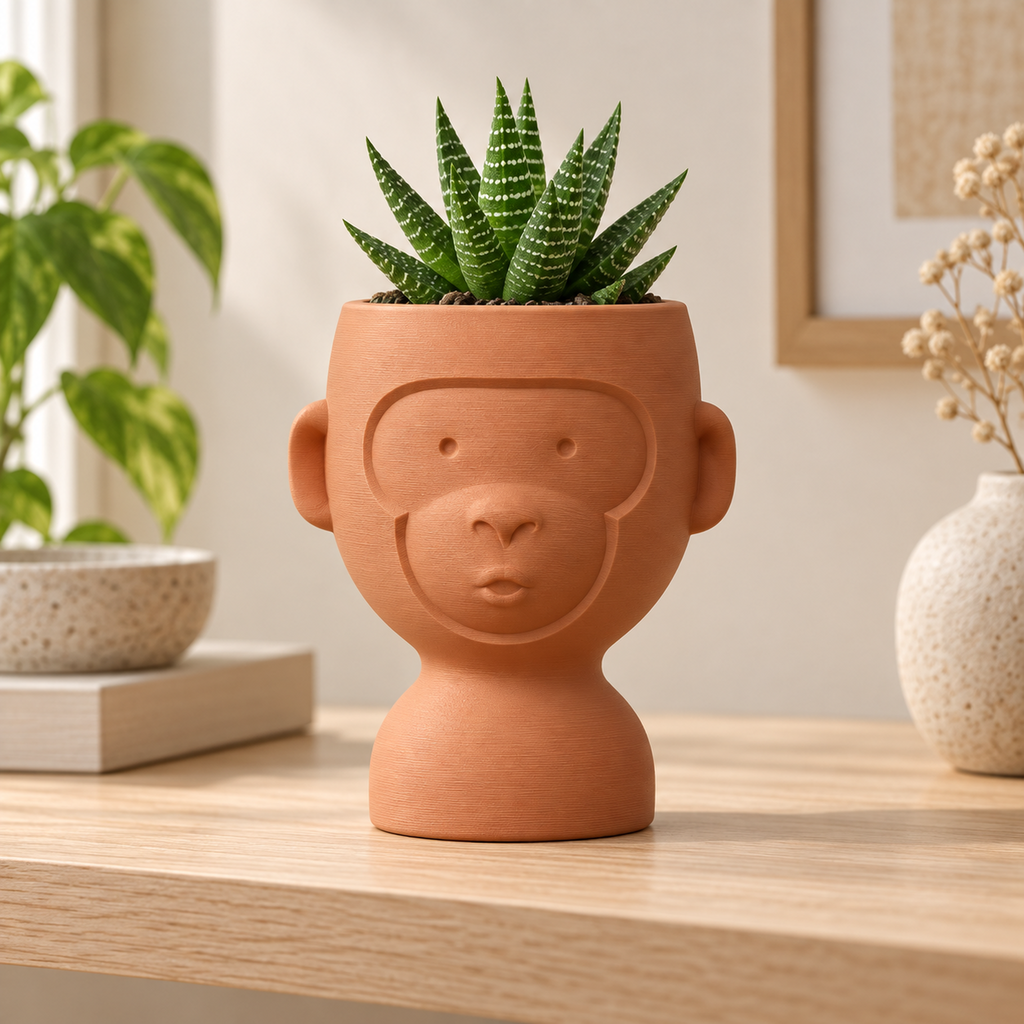 Maceta decorativa con forma de mono en color terracota con suculenta en un ambiente moderno