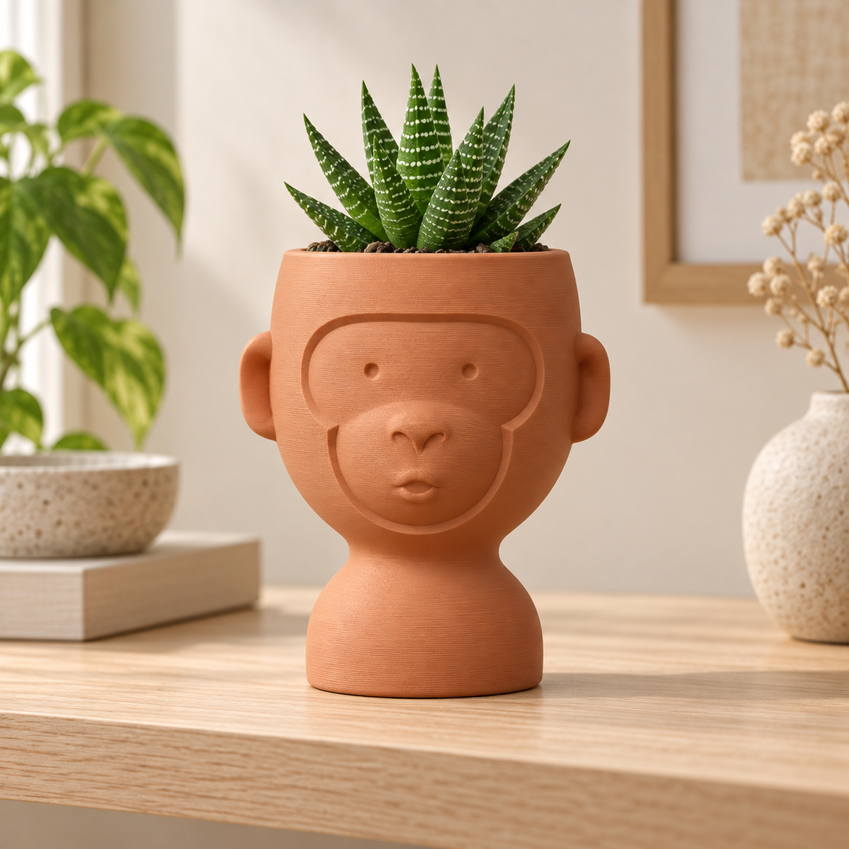 Maceta decorativa con forma de mono en color terracota con suculenta en un ambiente moderno