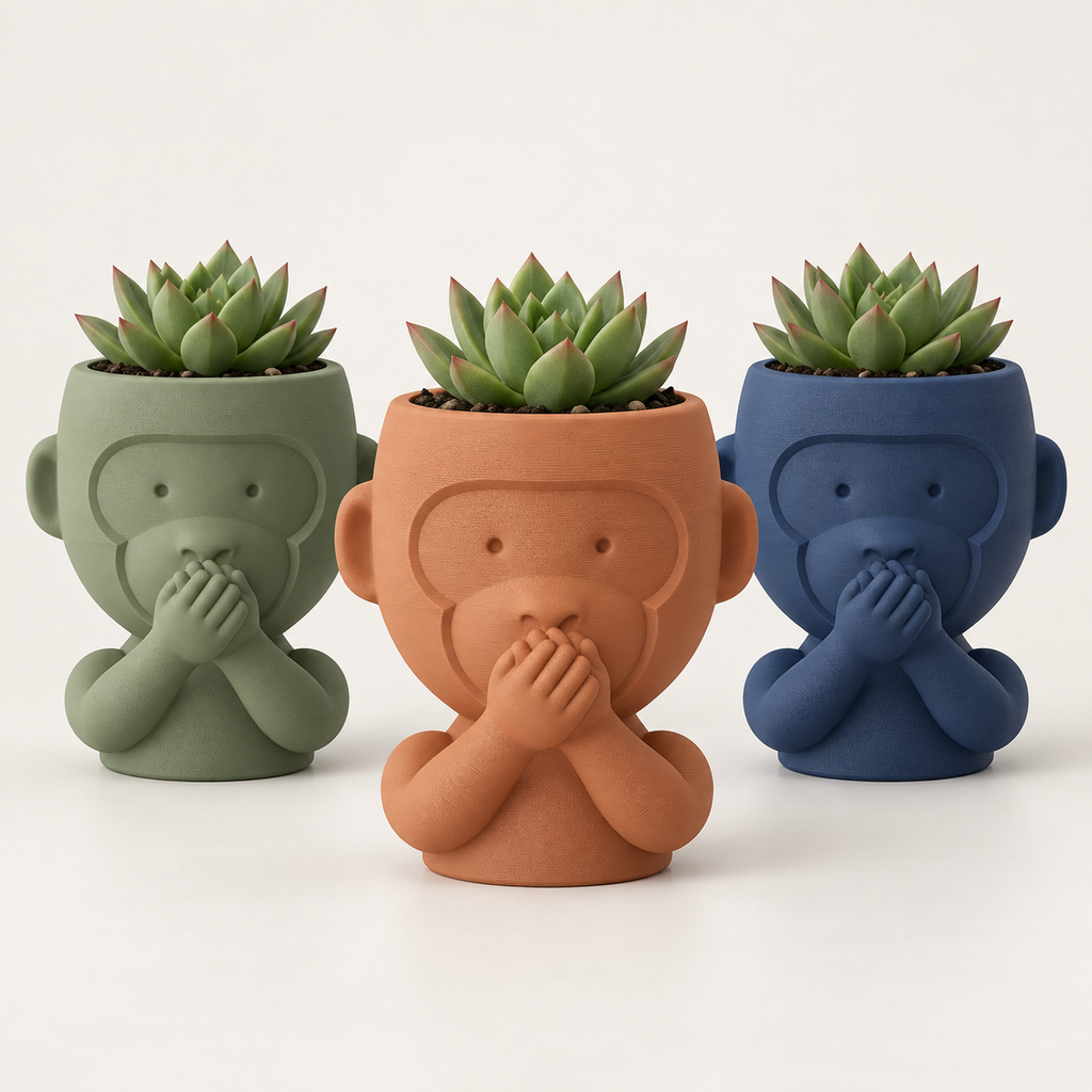 Maceta mono no hablar en colores verde salvia, terracota y azul profundo