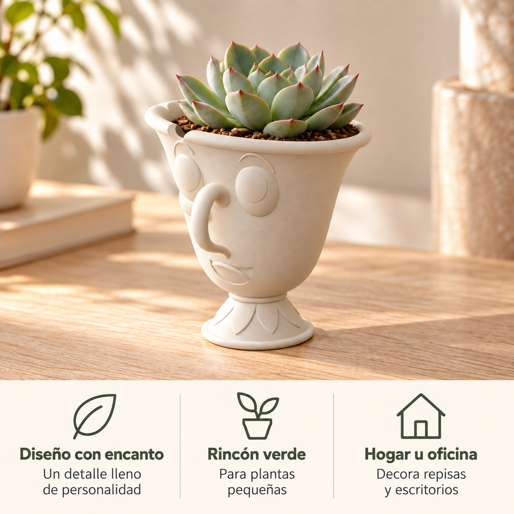 Maceta pocillo marfil con suculenta y tres ideas de decoración para hogar u oficina.