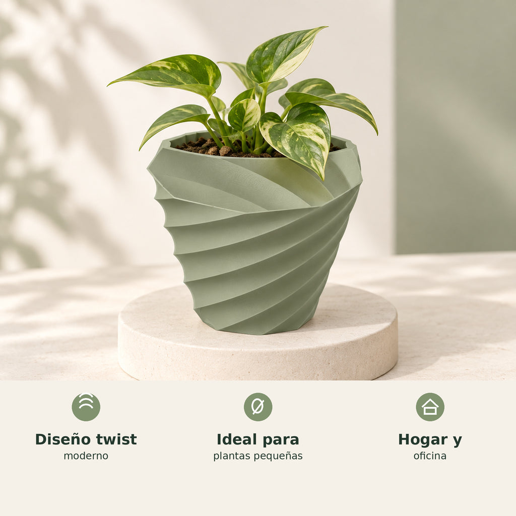 Maceta Twist 3D verde salvia con beneficios para plantas pequeñas, hogar y oficina