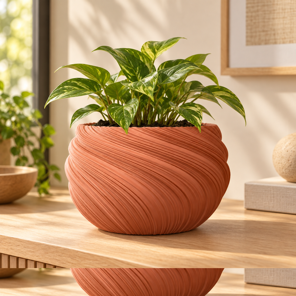 Maceta Twist Redonda 3D color terracota con planta en un ambiente cálido de interior