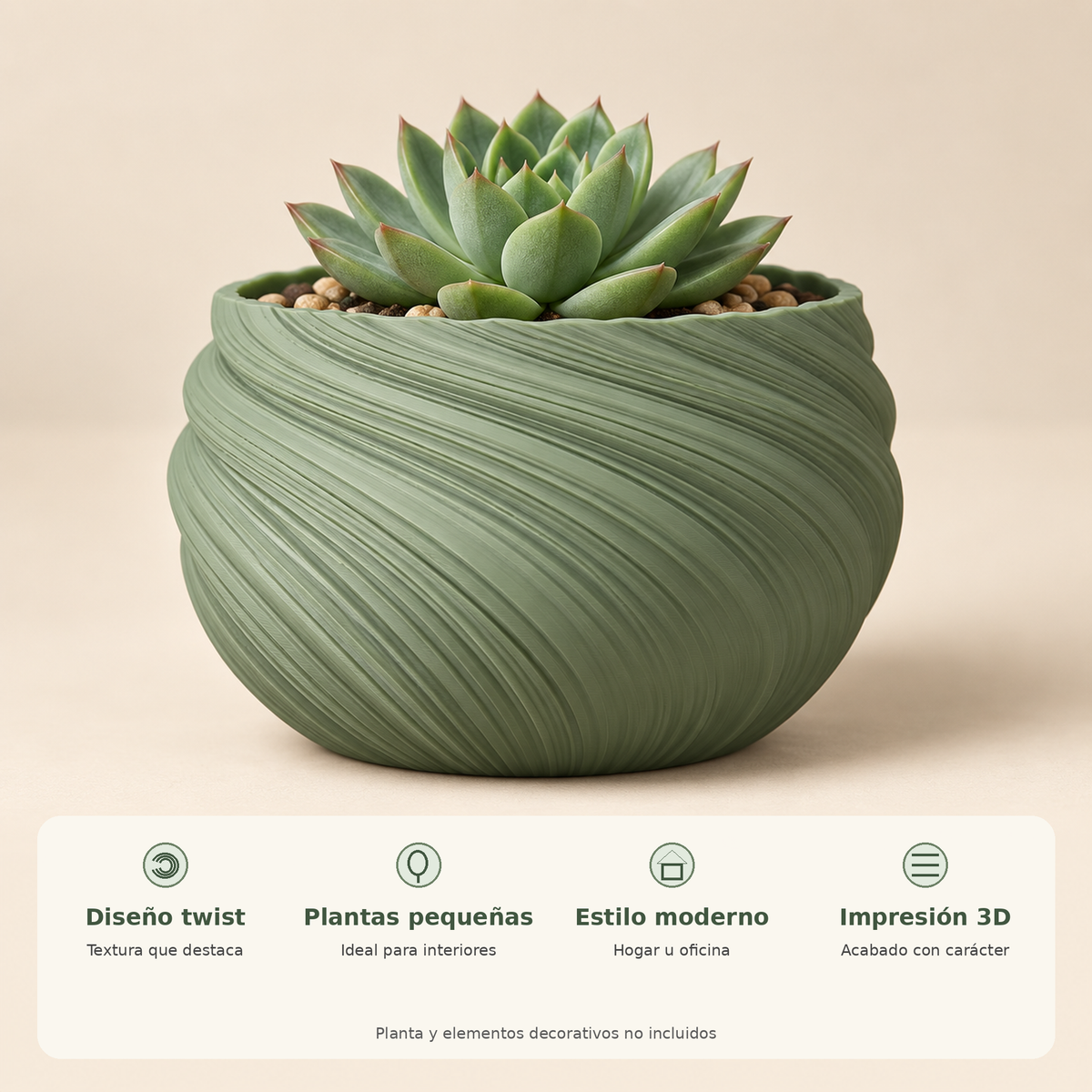 Maceta Twist Redonda 3D verde salvia con beneficios de diseño y uso interior
