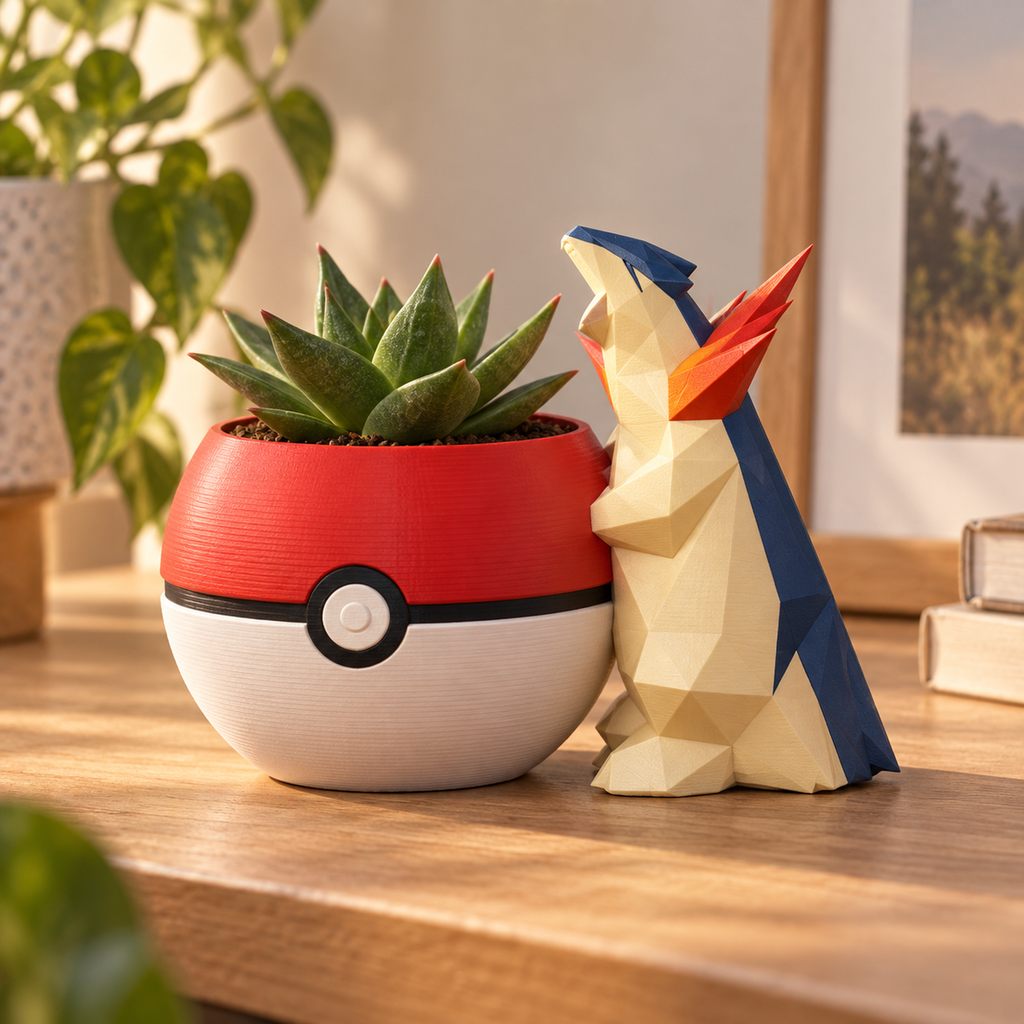 Maceta Typhlosion apoyado sobre Pokébola con suculenta en un escritorio