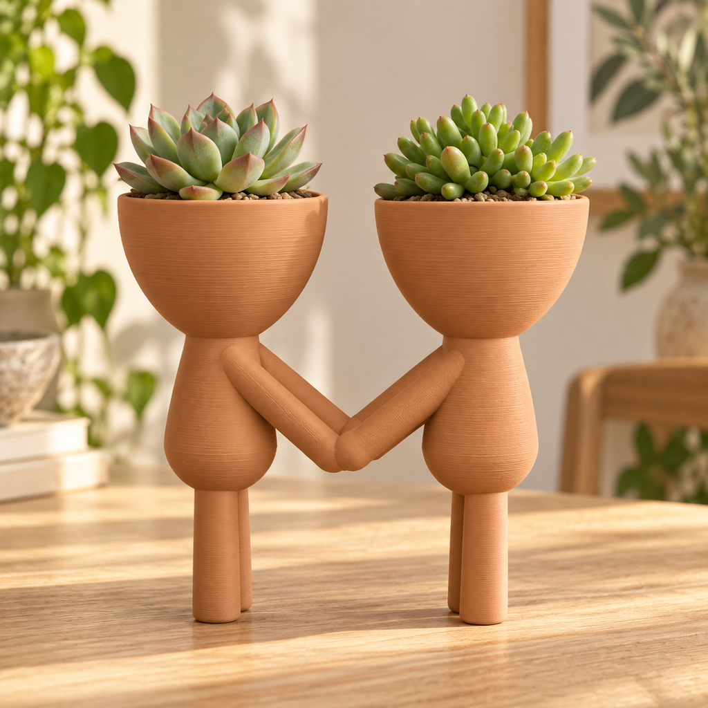 Matera Enamorados de la Mano en terracota con dos suculentas en ambiente cálido