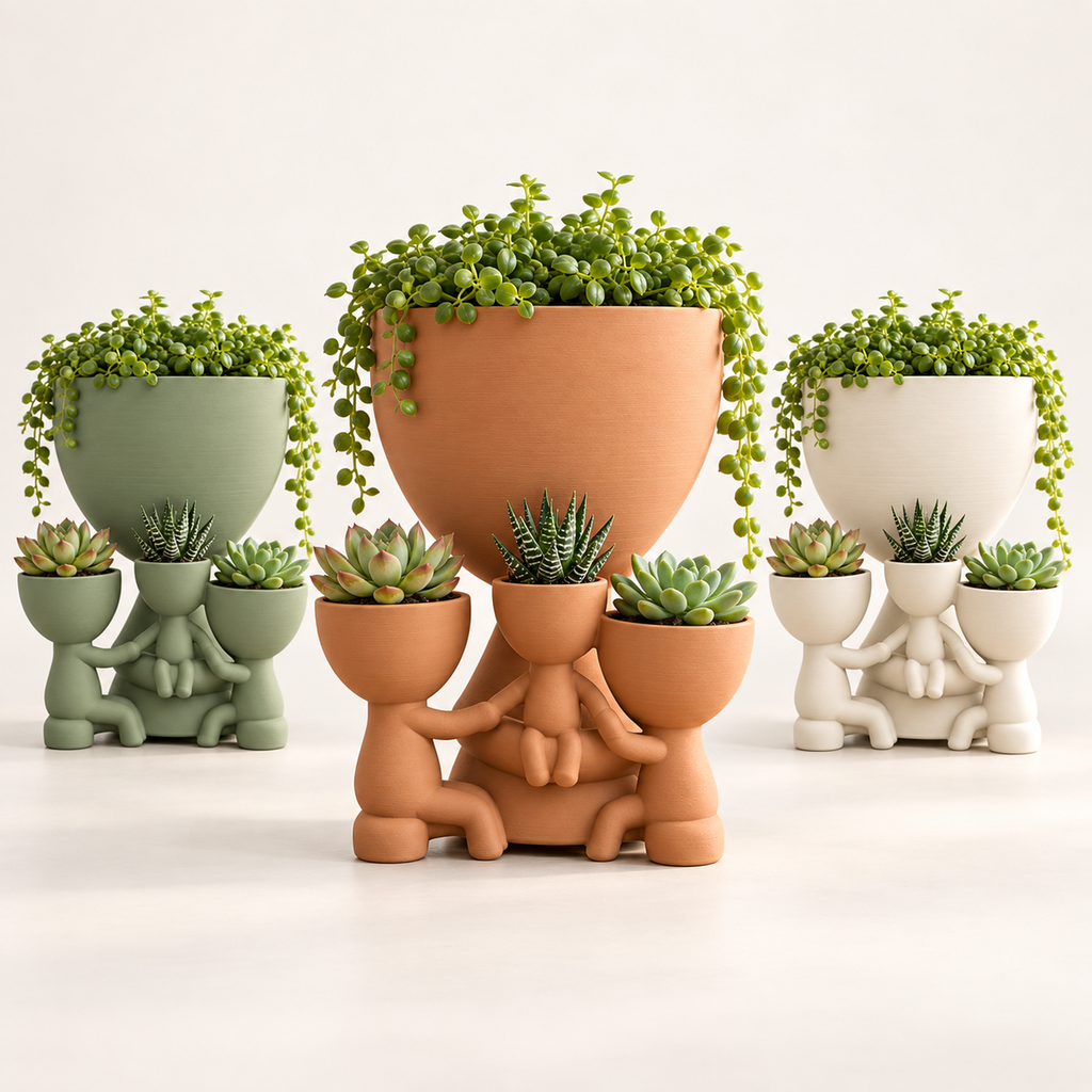 Matera familiar con tres hijitos en colores terracota, verde salvia y marfil