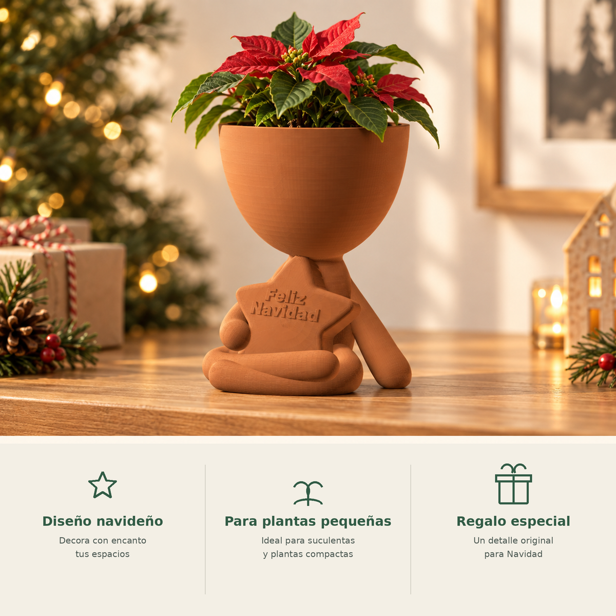 Matera con estrella Feliz Navidad acompañada de beneficios de diseño, tamaño y uso como regalo.