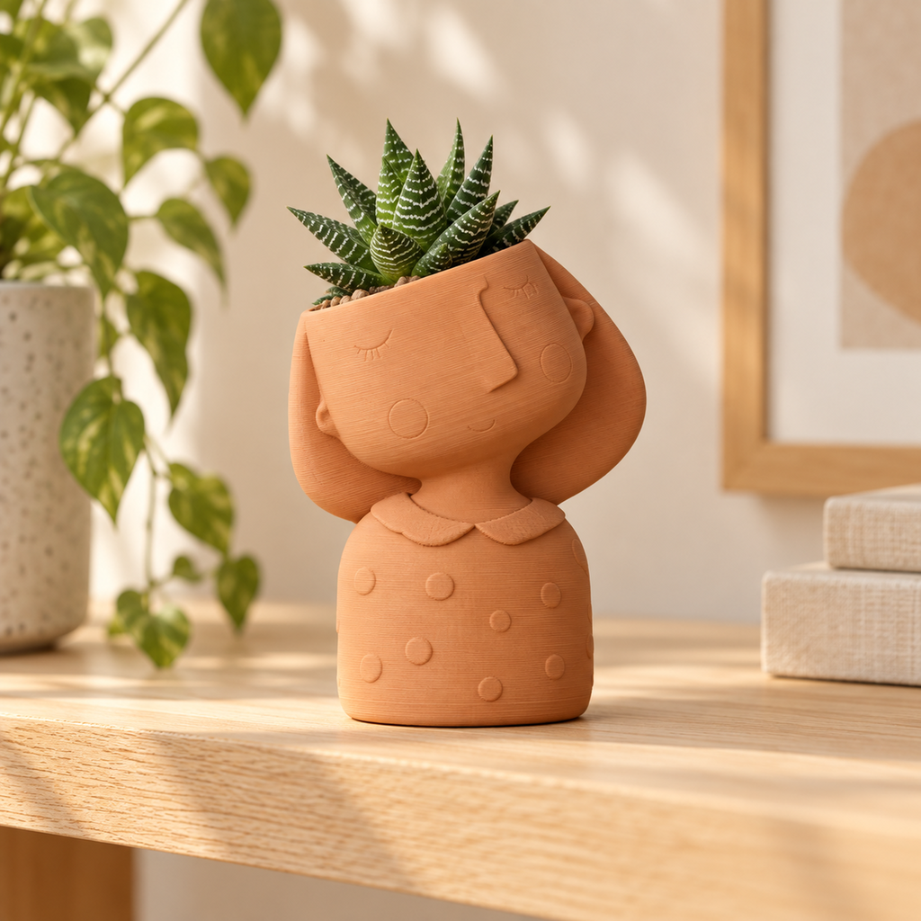 Matera muñequita de cabello corto y cabeza ladeada en color terracota, ambientada en una repisa