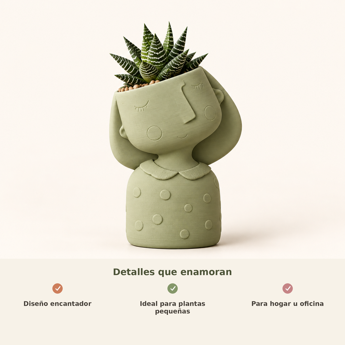 Matera muñequita verde salvia con beneficios para plantas pequeñas, hogar y oficina