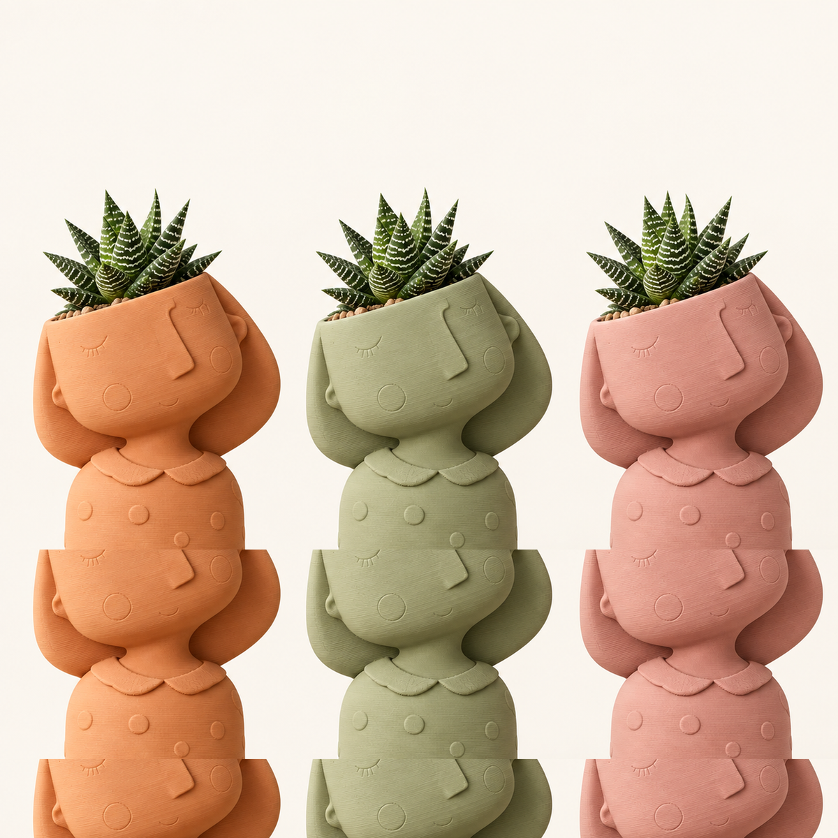 Matera muñequita de cabello corto en colores terracota, verde salvia y rosa empolvado