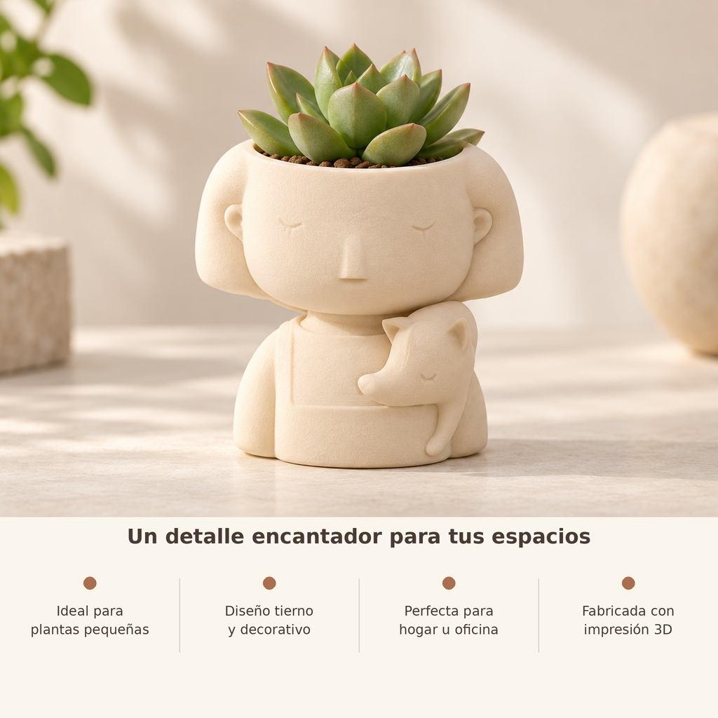 Matera Muñequita con Zorrito 3D con beneficios para plantas pequeñas y decoración interior