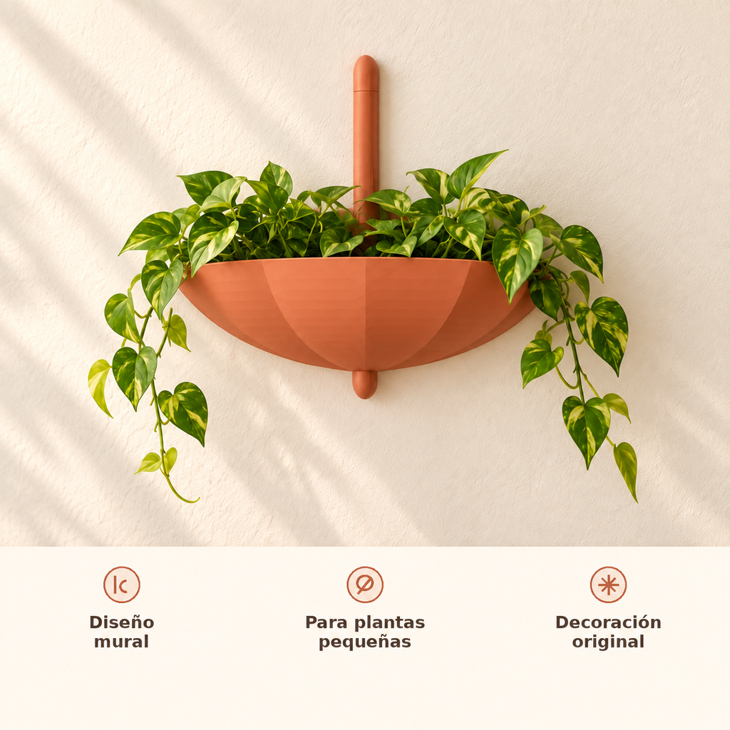 Matera sombrilla de pared orientada con el asta hacia arriba y beneficios de diseño mural para plantas pequeñas