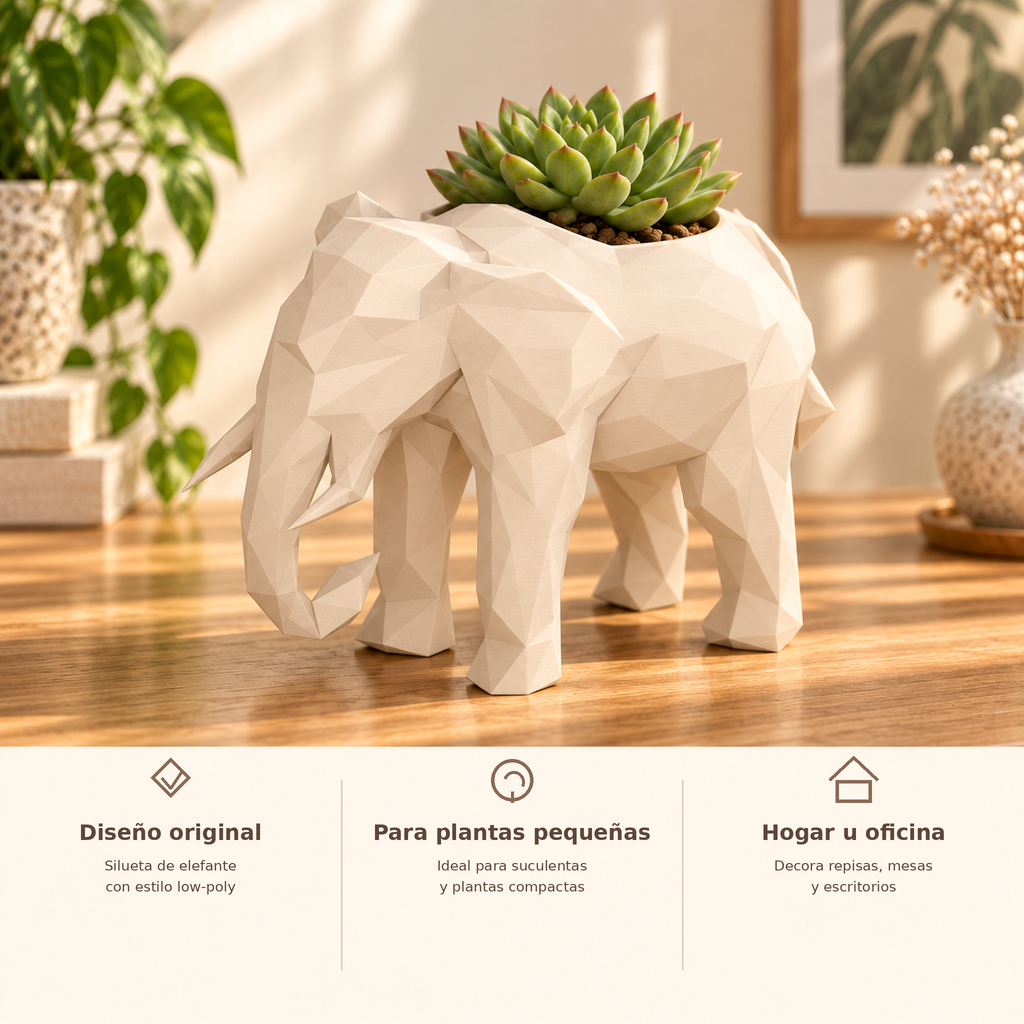 Porta maceta elefante low-poly con beneficios de diseño original, uso con plantas pequeñas y decoración de interiores